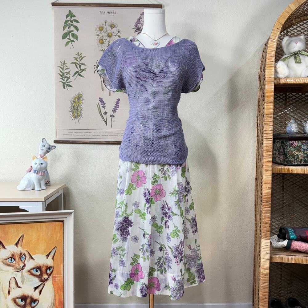 Purple Open Knit Sheer Tunic Top Forest Cottage Mori Kei Fairy Grunge Whimsy S